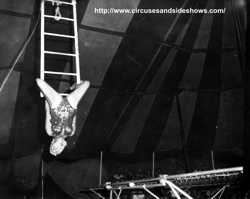 Joanne Day on the swinging ladder, Duke of Paducah Circus 1960
