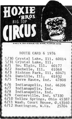 Hoxie Bros Circus Route Card 1976 Season
